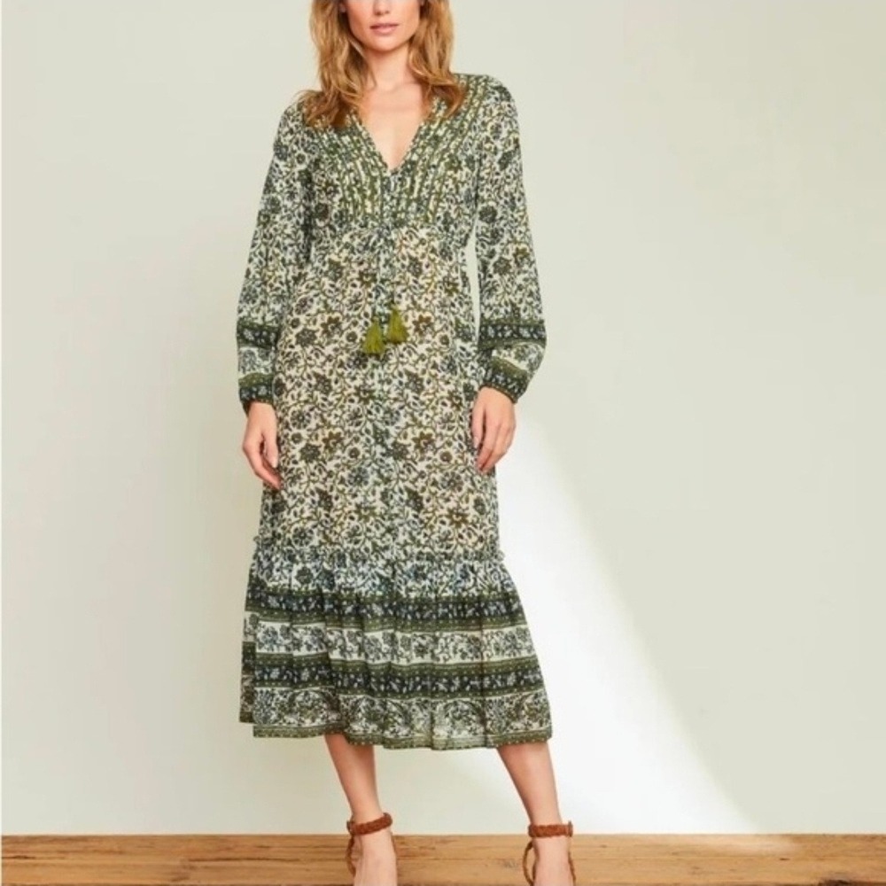 VVeronica Beard Kameya Green Floral Pintuck Maxi Dress Long Sleeve Button Front